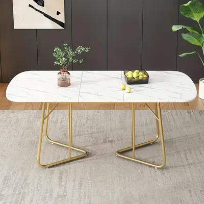 Image de Table extensible - Table pliante - Table réglable - Table en marbre - Table de salle à manger blanche