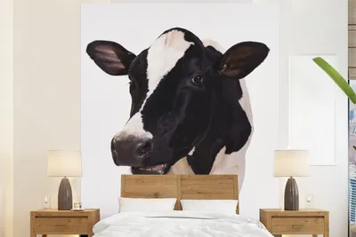 Produktbild von MuchoWow® Fototapete für Wohnzimmer oder Schlafzimmer Wandtapete Vinyl Motivtapete Kuh - Weiß - Tiere - Schwarz - 180x220 cm - Tapezierpapier