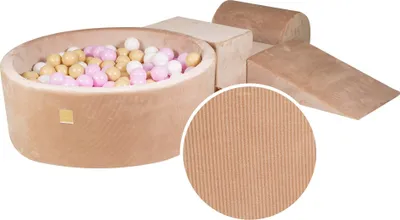 Immagine prodotto di MeowBaby® set da gioco in gommapiuma con piscina di palline 90x30cm/200 palline 7cm, set da gioco per un bambino, 4 elementi, cordoncino in velluto, sabbia, palline: Rosa pastello/bianco/beige
