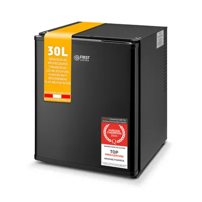 Immagine prodotto di TZS First Austria - Mini Frigorifero 30L completamente silenzioso - Piccolo Minifrigo con porta reversibile e luce interna - Minibar per campeggio, ufficio, camera da letto e hotel - Nero opaco