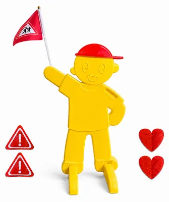 Productafbeelding van Relaxdays Waarschuwingsfiguur voor kinderen, met vlag, veiligheidsstandaard, geschikt voor gebruik op de weg, afmetingen: 84x52x46 cm, reflecterend waarschuwingsbord, geel, AI-gegenereerde afbeelding