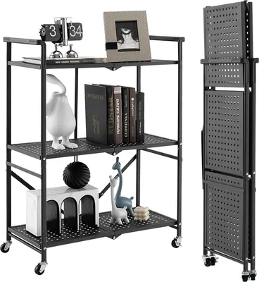 Produktbild von GOPLUS Servierwagen aus Metall, Küchenwagen klappbar mit Rädern, 3-stufiges Metallregal mit praktischem Griff, platzsparender Beistellwagen für die Garage, Küche, Vorratskammer