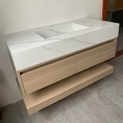 Produktbild von Wandhängendes Badezimmermöbel-Set mit Sinterstein-Waschbecken, Spiegel, Unterschrank, Ablageboard und Ablaufgarnitur 100×55 cm【YT3256-100】