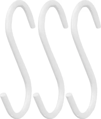 Three white S-hooks are arranged in parallel on a white background.