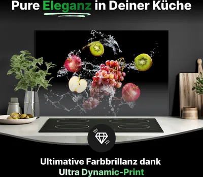 Produktbild von Spritzschutz Küchenrückwand Glas 90 x 50 cm Frische Früchte im Wasser-Splash auf Schwarz - RUECKWAND24