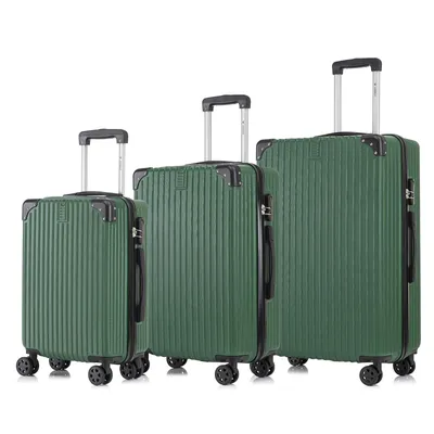 Produktbild von Suitcase Set, Rollkoffer Handgepäck, Kofferset, mit 4 Rollen 360°, Hartschalenreise Zahlenschloss, Weicher Gummigriff (3er Set, M,L&XL, Dunkelgrün)