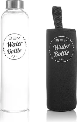 Produktbild von BEM Water Bottle - 0,5L Trinkflasche mit Edelstahldeckel, Glasflasche, Bruchsicher, Stoßfest