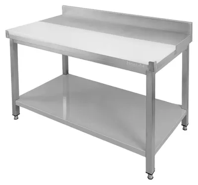 Zdjęcie produktu dla Kuchenny stół gastronomiczny ze stali nierdzewnej przyścienny z płytą polietylenową i półką Mega-M 120x60x85 cm
