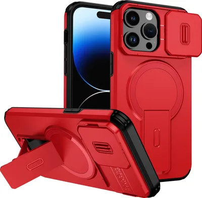 Obrázek produktu pro Magnetické pouzdro pro iPhone 14 Pro, dvouvrstvé odolné pouzdro s posuvnou ochranou fotoaparátu a nastavitelným stojánkem Červená