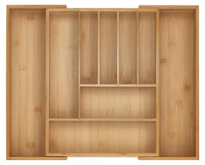 Produktbild von Relaxdays Besteckkasten, 7–9 Fächer, ausziehbarer Besteck Schubladeneinsatz, HxBxT: 5 x 29,5-47,5 x 38 cm, Bambus, natur