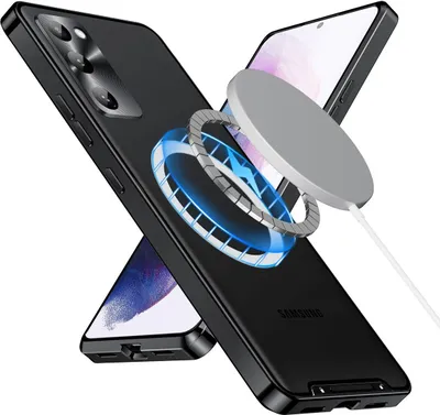 Two smartphones are shown, one in the foreground with a magnetic charging ring and cable, and another in the background.