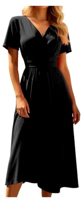 Produktbild von Kleider Damen Sommer Lang Elegant Sommerkleid Leicht Hohe Taille A Linie Midikleid V Ausschnitt Festlich Kleid Mit Taschen Kurzarm Sommerkleider Party Midi Strandkleid Wickelkleid