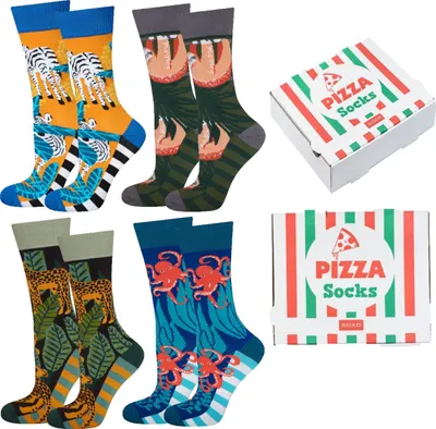 Produktbild von Set 4x Socken - Ideal für ein Geschenk - Pizza im Karton Motiv von SOXO - Herren - Baumwolle - Lustige und bunte - Größe: 40–45 - Geschenk für Freund
