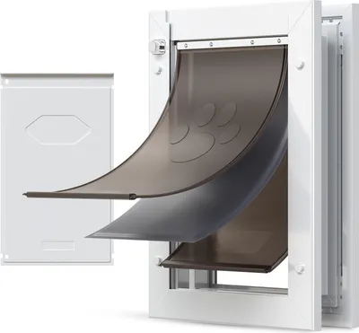 Zdjęcie produktu dla Klapka dla psów SucceBuy (średnia) z 3 klapkami magnetycznymi i solidną metalową ramą, odporna na warunki atmosferyczne klapka dla zwierząt domowych do drzwi wewnętrznych i zewnętrznych, drzwi dla kotów i psów w kolorze białym, wymiary: 20,96 x 31,12 cm (szerokość x wysokość)