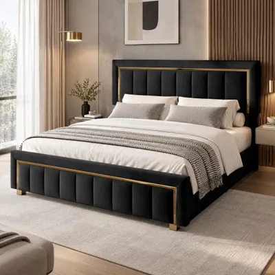 Imagen del producto de Cama con somier INONEFT, 140x200 cm, cama tapizada con espacio de almacenamiento, cama doble con somier, estructura con detalles dorados, terciopelo, color negro