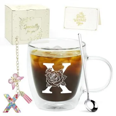 Produktbild von Latte Macchiato Gläser mit Initialen, Doppelwandig, Geschenkset mit Löffel & Schlüsselanhänger