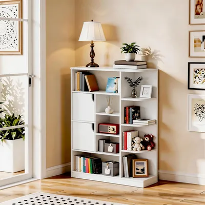 Produktbild von Bücherregal mit 9 Ebenen und 2 Türen, Aufbewahrungsregal Standregal, Bücherschrank, 80 × 24 × 120 cm, Weiß