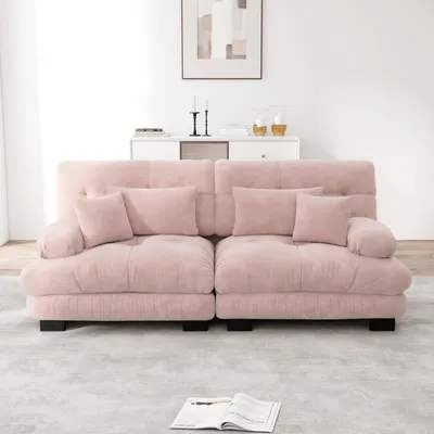 Produktbild von Cloud Ecksofa für Wohnzimmer, Chenille Doppelsofa mit 2 Lendenkissen und 2 Dekokissen, Massivholzrahmen, Chenille Rosa