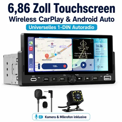 Obrázok produktu pre Junsun 6,86" 1DIN autorádio s bezdrôtovým CarPlay a Android Auto, s Bluetooth, kamerou a mikrofónom, Obrázok generovaný UI