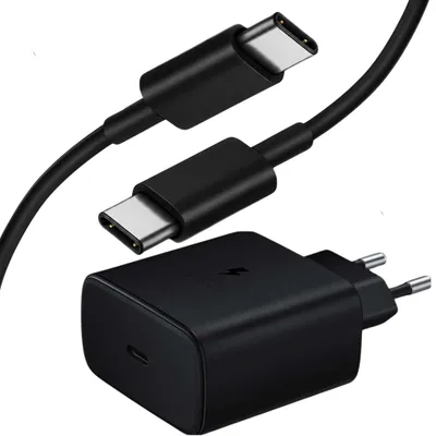 Produktbild von Super Schnellladegerät 45W Netzteil Adapter USB-C mit 3 meter USB-C zu USB-C Schnellladekabel in schwarz für Samsung Apple Google Xiaomi