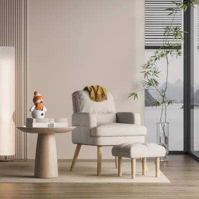 Produktbild von Beige Relaxsessel mit Hocker, 5-stufig verstellbarem Rückenlehnen-Sessel aus Leinen-Baumwolle, ideal für Wohnzimmer, Schlafzimmer, Lesen, Entspannen