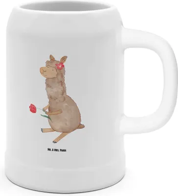 Produktbild von Mr. & Mrs. Panda Krug Alpaka Blume - Weiß - Geschenk, Lama, Lamas, Tonkrug, Spruch, Bier Seidel, Humpen, Bierbecher