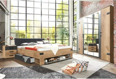 Produktbild von Schlafzimmer Set mit Kleiderschrank Spiegeltüren Eiche mit graphit Industrial Design SUNDERLAND-43, 4-teilig