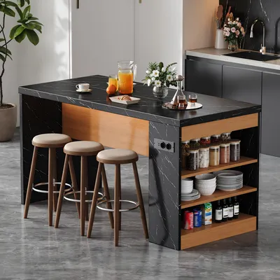 Image de Îlot de cuisine Flieks avec éclairage LED et prise électrique, chariot de service avec plan de travail de 40 mm, 3 étagères ouvertes, chariot de service 155x80x90 cm, finition bois clair et noir