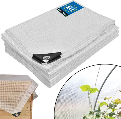 A stack of folded transparent tarpaulins with a reinforced corner grommet, and a close-up inset showing plants inside a greenhouse covered by a similar tarpaulin.