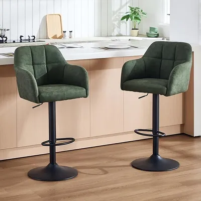 Imagen del producto de Juego de 2 taburetes de bar, con altura ajustable, tapizados en cuero sintético (PU), con reposabrazos y respaldo. Taburetes acolchados giratorios de 360°, con estructura de metal. Ideales para cocina, restaurante, bar o jardín