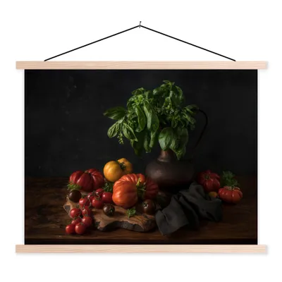 Produktbild von MuchoWow® Textilposter Stilleben - Tomaten - Basilikum - Gemälde - Gemüse - Schwarz 60x45 cm mit holzfarbenen Rahmen - Bild