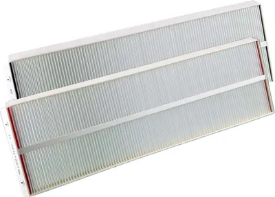 Two pleated air filters, one slightly behind the other, are shown from a slightly elevated diagonal angle against a white background.