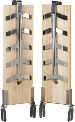 Two wooden grill boards with metal racks, designed for grilling fish.