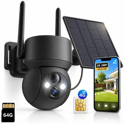 Produktbild von 4G LTE überwachungskamera Aussen Solar mit SIM Karte 2K HD PTZ Outdoor Kamera Akku kabellos ohne WLAN PIR Erkennung Farb Nachtsicht 64G