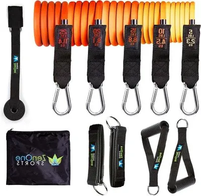 Immagine prodotto di Set di elastici per fitness con maniglie, ancoraggio per porta e cinghie per i piedi, 5 pezzi, per l'uso domestico