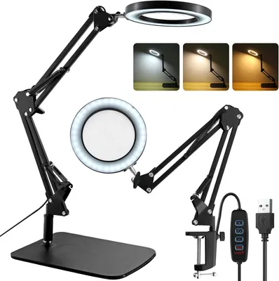 Produktbild von 2-in-1 Lupenleuchte, 8-Fach Lupenlampe 3 Farbmodi 10 Helligkeitsstufen Dimmbar, Lupelicht mit mit Sockel/Klemme, Verstellbarer Schwenkarm, Leselampe