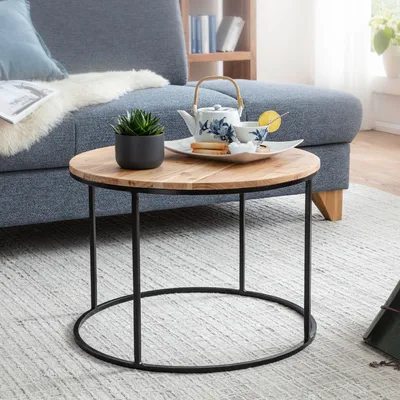 Produktbild von FineBuy Couchtisch Akazie Massivholz rund 60 cm · Wohnzimmertisch mit schwarzem Metallgestell · Handgefertigt · Natur Holz Tisch im Industrial Design