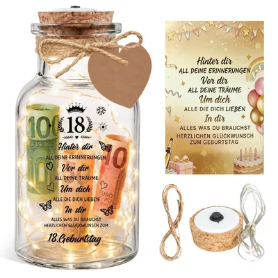 Produktbild von Flaschenlicht 18. Geburtstag LED mit Korken & Spruch, Geldgeschenk Verpackung mit Lichterkette, Glas, warmweiß