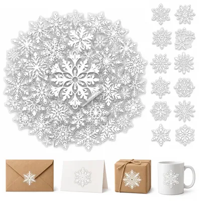 Schneeflocken-Sticker 100 Stück, glitzernd, selbstklebend, für Weihnachtsdeko