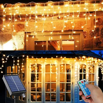 Produktbild von 5x1M 256 LEDs Solar Warmweiß Lichtervorhang 8 Lichtmodi Außen Wasserdichte Lichterkette Garten Party Deko