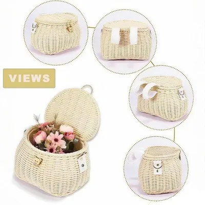 Produktbild von Kinderfietsmand in Beige, handgeweven Fietsmand aus Rotan mit Schouderriem