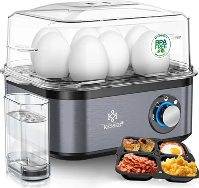Produktbild von KESSER® Eierkocher für 1 bis 8 Eier elektrisch aus Edelstahl 500W & Warmhaltefunktion | LED-Drehschalter drei Härtegrade | BPA-Frei & Spülmaschinenfest | Messbecher, Eierhalter & Omlettschale