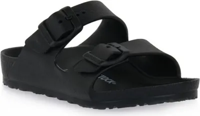 A black Birkenstock sandal is shown against a white background.