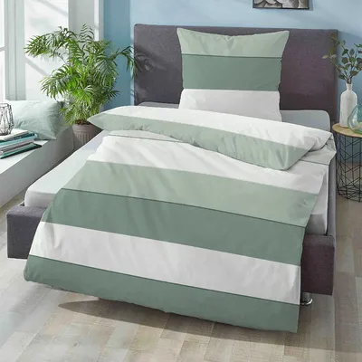 Produktbild von Biberna Mako-Satin Bettwäsche Streifen 615210-443 salbei 135x200 cm + 80x80 cm