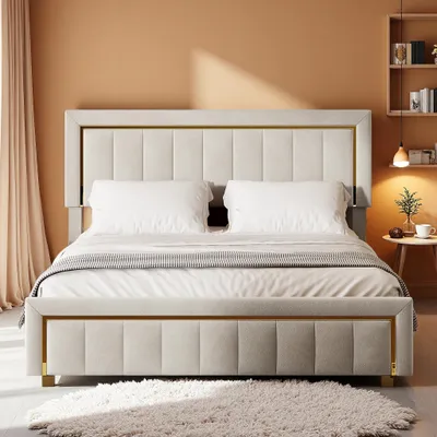 Image de Lit tapissier INONEF 140x200 avec espace de rangement, lit à lattes avec coffre à ressort hydraulique et repose-tête réglable, lit pour adolescents, en velours, sans matelas, couleur beige