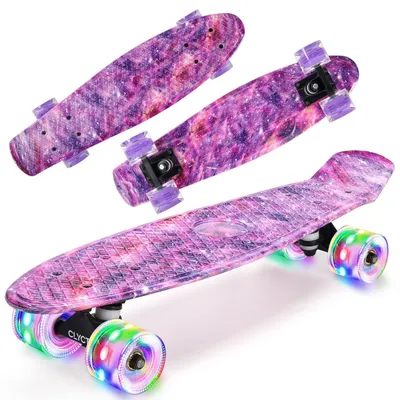 Produktbild von Mini Cruiser Skateboard 22 Zoll mit bunten blinkenden Rädern und ABEC-11 Lagern für Kinder Purple