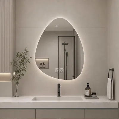 Image de Miroir de salle de bain LED Zimilo, asymétrique, 40x60 cm : interrupteur tactile, 3 couleurs de lumière, variateur d'intensité, fonction anti-buée et verre résistant aux éclats, pour un design moderne de salle de bain