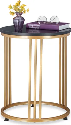 Produktbild von Relaxdays Beistelltisch MARMO, für Wohnzimmer, Metall & MDF, Marmoroptik, runder Sofatisch HxD: 51 x 41 cm, schwarz/gold