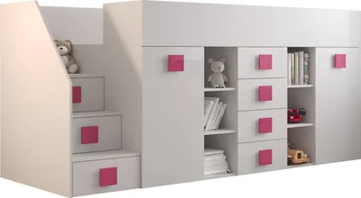 Produktbild von Etagenbett für Kinder Toledo 3 Stockbett mit Treppe, Schreibtisch, Bettkasten (Weiß/Weiß Glanz + rosa Griffe, Seite: Links)