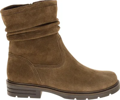 A side view of a brown suede boot.